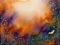 Halloween watercolor background with pumpkins, bats, spiderwebs, and golden line art on purple and orange texture for seasonal design.