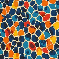 Colorful mosaic pattern with organic cell-like shapes in blue, orange, red and yellow tones on beige background. Seamless repeat design for fabric and wallpaper.