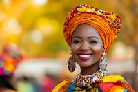 Young African woman wearing vibrant orange gele headwrap and traditional colorful attire smiles brightly against warm autumn bokeh background.