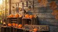 Rustic Halloween porch display with carved jack-o-lantern pumpkins in wooden crates, vintage lanterns and Halloween sale sign on weathered wood backdrop.