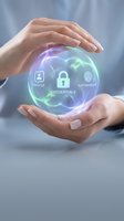 Hands holding glowing digital sphere displaying credentials, profile, and authentication icons with purple and green light effects for cybersecurity concepts.
