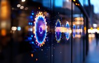 Glowing blue and purple circular holograms on glass surface with bokeh city lights in background create futuristic technological atmosphere for business concepts.