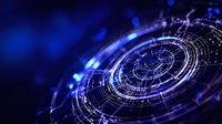 Futuristic circular interface with glowing blue technological elements and geometric patterns on dark background creates sci-fi atmosphere for tech designs.