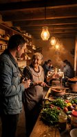 Elderly woman teaching young man traditional cooking in rustic kitchen with fresh vegetables and warm lighting for culinary education content.