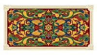 Ornate traditional decorative border pattern with colorful floral motifs and swirling elements on red background for textile and wallpaper design.
