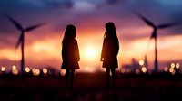 Two female silhouettes standing against dramatic sunset sky with wind turbines and city lights in background, representing renewable energy and sustainable future.