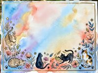 Watercolor frame with playful cats and floral elements on pastel rainbow background for greeting cards, invitations and decorative projects.