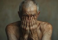 Elderly Caucasian man covering face with weathered hands, expressing grief or despair against neutral background, conveying emotional vulnerability and life's struggles.