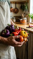 Person in linen apron holding colorful fresh bell peppers in rustic kitchen with copper cookware and herbs for healthy cooking and farm to table meals.
