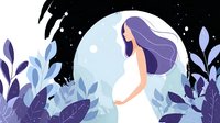 Young woman with flowing purple hair against full moon backdrop surrounded by mystical blue foliage and glowing particles in dreamy night garden scene.