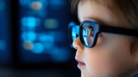 Young child wearing glasses with blue digital screen reflection, technology learning and education concept for modern classroom and online study.