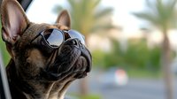 French bulldog wearing sunglasses looking up at sunset with palm trees in background, capturing playful summer mood for pet lifestyle and travel content.