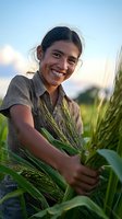 Happy young Asian woman farmer harvesting fresh green crops in agricultural field during golden hour sunset with mountains in background.