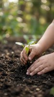 Hands protecting young green seedling growing in rich soil with natural bokeh background for environmental conservation and growth concepts.