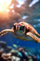 Green sea turtle swimming in clear blue ocean water with sunlight streaming through, close-up portrait showing detailed shell pattern and facial features.
