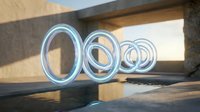 Transparent glass rings arranged in decreasing size on reflective surface with concrete architectural background, suitable for modern design, product visualization, and contemporary art projects.