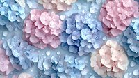 Delicate hydrangea flowers in soft pink and blue pastel colors with water drops create romantic floral background pattern for wedding and spring designs.