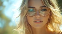 Young Caucasian woman with blonde wavy hair and round glasses smiling gently in warm sunlight. Natural makeup, soft bokeh background creates dreamy atmosphere. Lifestyle portrait.