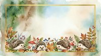 Watercolor autumn border with hedgehogs, wildflowers, and foliage on isolated background, ready for invitations, cards, and design projects.