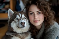 Young woman with curly brown hair embracing Siberian husky dog with blue eyes in cozy indoor setting. Pet ownership bonding moment for lifestyle content.