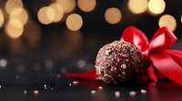 Dark chocolate truffle with sea salt flakes and red satin ribbon on black surface against warm bokeh lights background, romantic holiday dessert concept.