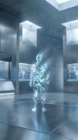 Digital human figure composed of glowing blue particles and light fragments standing in modern concrete interior space with skylights, representing technology, artificial intelligence, data visualization, and digital transformation concepts.
