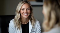 Young female medical professional in white coat and black top smiling warmly during consultation with patient. Natural lighting highlights blonde wavy hair and friendly expression.