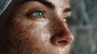 Close up portrait showing bright blue eyes and natural freckles across nose and cheeks in soft natural lighting, creating an intimate and authentic beauty shot.
