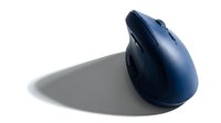 Navy blue ergonomic wireless computer mouse on white background with dramatic shadow, modern peripheral device for office and home workspace setup.