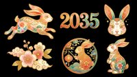 Decorative rabbits and floral elements with ornamental 2035 numerals isolated on transparent background. Ready for t-shirt designs, clipart, stickers, sublimation, print-on-demand products and digital crafts.