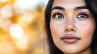 Young Asian woman with freckles and natural makeup looking up dreamily against warm bokeh background, showcasing fresh glowing skin and modern beauty trends.