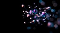 Glowing spheres and particles floating in dark space with pink and blue bokeh light effects create magical atmospheric composition.