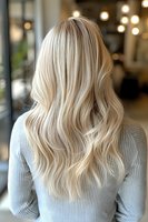 Blonde woman with long wavy hair wearing gray sweater shown from behind in salon setting with soft bokeh lighting, demonstrating professional hair coloring result.