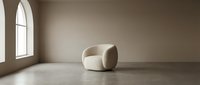 Modern minimalist interior with curved cream armchair on concrete floor and arched window, suitable for furniture design, home decor, and architectural visualization projects.