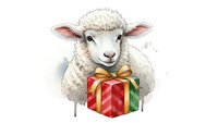 Cute white lamb holding colorful gift box with red ribbon bow isolated on transparent background for holiday greeting cards and festive designs.