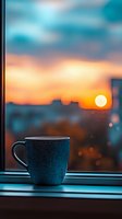Coffee mug on windowsill against dramatic orange sunset sky with glowing sun and city silhouette, creating cozy atmospheric mood for relaxation moments.