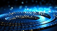 Futuristic circular technology pattern with blue glowing lights and bokeh effect on dark background, abstract digital data visualization concept.