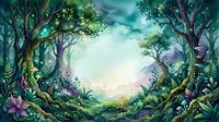 Enchanted forest clearing with lush green trees, magical lighting and mystical atmosphere for fantasy storytelling and nature designs.