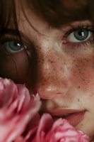 Close-up portrait of young woman with freckles and green eyes holding pink flowers. Natural beauty concept for skincare and cosmetics advertising.