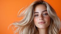 Young blonde woman with flowing hair and natural makeup smiling confidently against vibrant orange background, fresh modern portrait for beauty and lifestyle marketing.