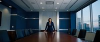 Professional businesswoman standing confidently in modern corporate boardroom with city skyline view through large windows during daytime meeting.