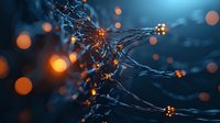 Glowing orange particles with luminous bokeh effects float against dark blue background, intertwined with delicate crystalline structures creating abstract network pattern.