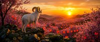 Majestic dog standing on rocky outcrop overlooking blooming wildflower valley at golden sunset, nature landscape scenery for wildlife and pet themes.