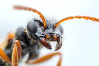 Extreme macro photography of wasp head showing detailed compound eyes, mandibles, and antennae against white background. Fascinating insect portrait in sharp focus.