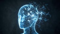Digital human head profile with glowing neural network connections and particle effects representing artificial intelligence and machine learning concepts.