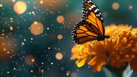 Monarch butterfly feeding on orange marigold flower with magical bokeh lights creating dreamy garden atmosphere for nature and wildlife designs.
