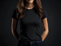 Young woman wearing black t-shirt with hands in pockets against dark background for fashion mockup and apparel design projects.