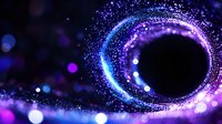 Magical swirling light trail with glowing particles in blue and purple colors creating spiral motion effect against dark background with bokeh lights.