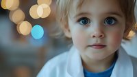 Young child with bright blue eyes and gentle expression against soft bokeh background, wearing white clothing, captured in natural light with dreamy atmosphere.