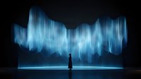 Silhouette of person standing beneath dramatic blue aurora-like light installation in dark space, creating atmospheric and mystical mood for artistic concepts.